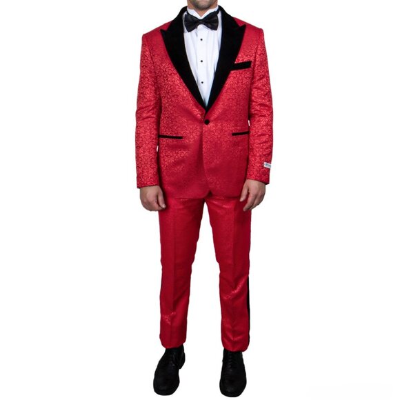 Red/Black Paisley Velvet Peak Lapel 2 Piece Stacy Adams Men's Suit - Picture 1 of 3